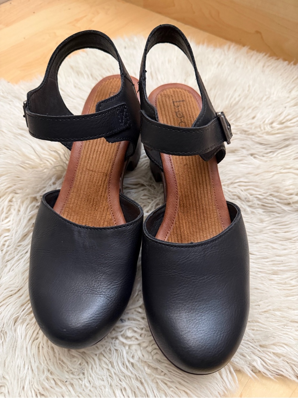 b.o.c. Black Leather Platform Clogs with Ankle Buckle